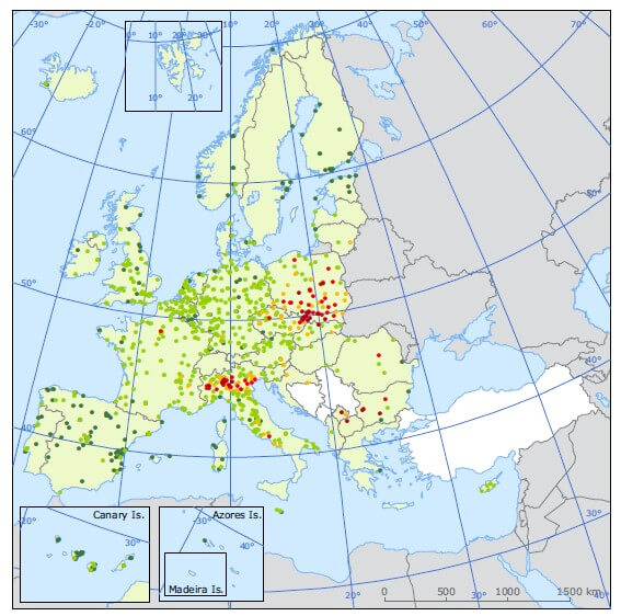Średnioroczne stężenia PM2,5 w Europie w 2013 roku.
