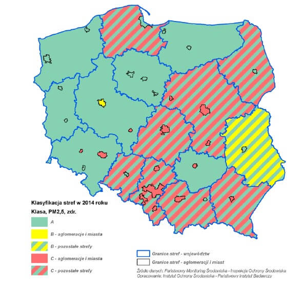 Ocena jakości powietrza w strefach w Polsce w 2014 roku ze względu na średnioroczne stężenie PM2,5
