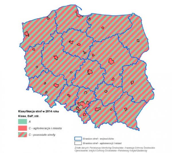 Ocena jakości powietrza w strefach w Polsce w 2014 roku ze względu na średnioroczne stężenie benzopirenu