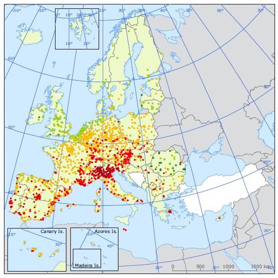 Stężenia ozonu w krajach Europy w 2013 roku. 