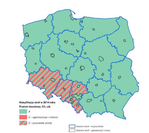 Ocena jakości powietrza w strefach w Polsce w 2014 roku ze względu na stężenie ozonu