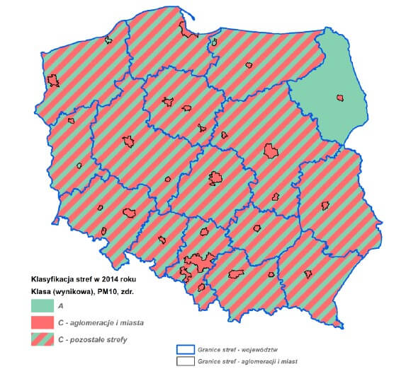 Ocena jakości powietrza w strefach w Polsce w 2014 roku ze względu na stężenie PM10