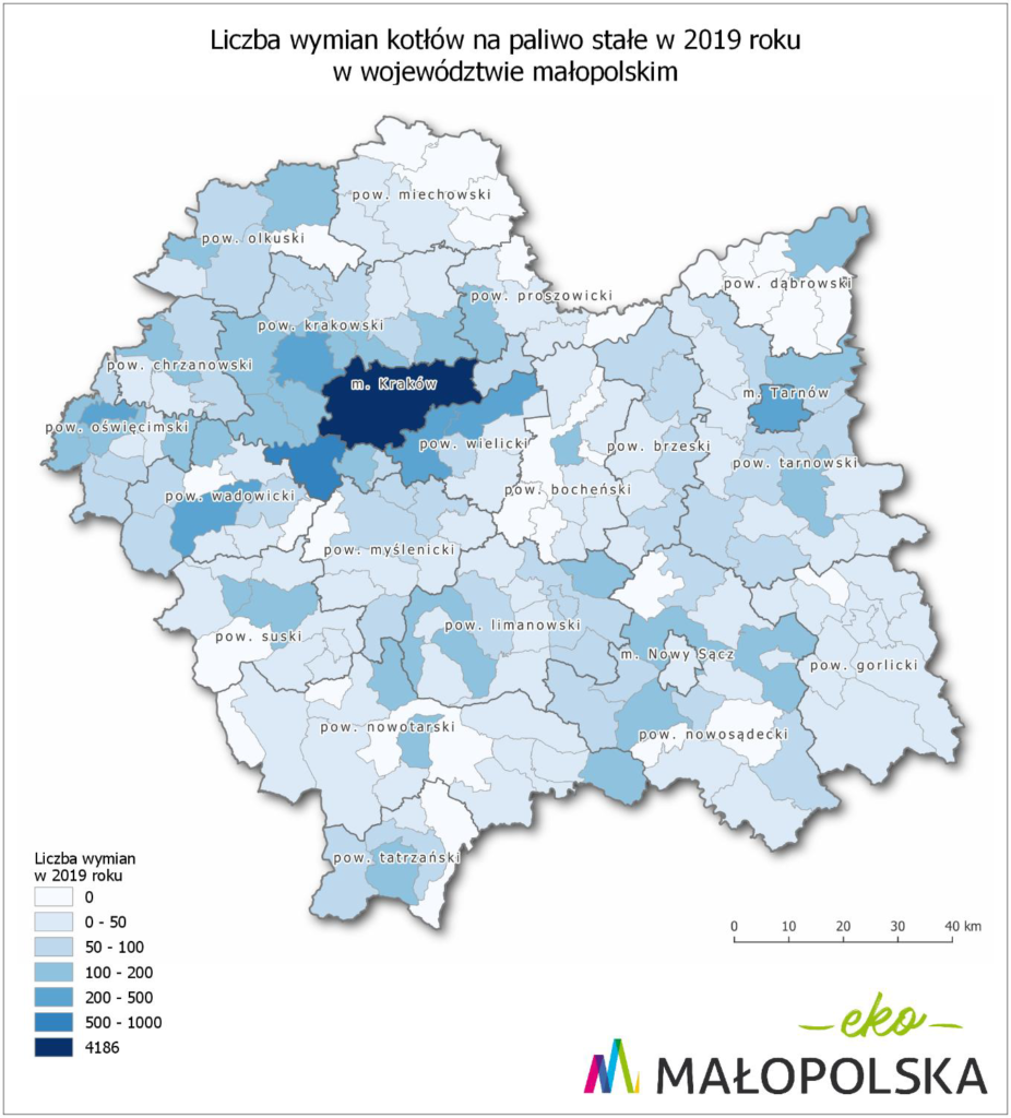Liczba wymian kotłów w województwie małopolskim w 2019 roku